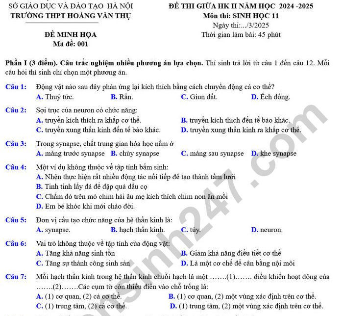 Đề minh họa thi giữa kì 2 môn Sinh 11 năm 2025 - THPT Hoàng Văn Thụ