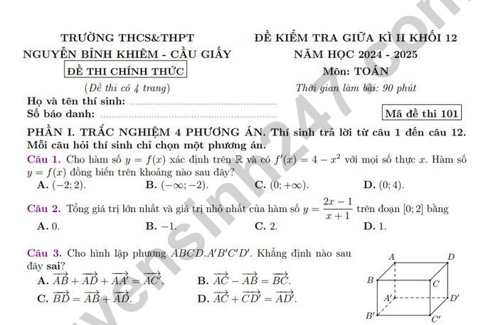 Đề thi giữa kì 2 lớp 12 môn Toán 2025 - THCS&THPT Nguyễn Bỉnh Khiêm (có đáp án)