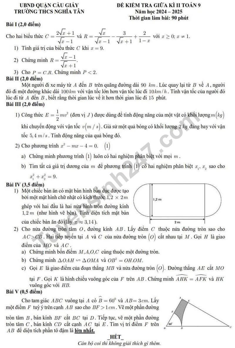 Đề thi giữa kì 2 môn Toán lớp 9 năm 2025 - THCS Nghĩa Tân (Có đáp án)