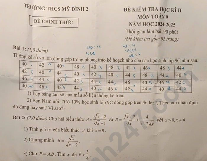 Đề thi học kì 2 lớp 9 môn Toán 2025 - THCS Mỹ Đình 2