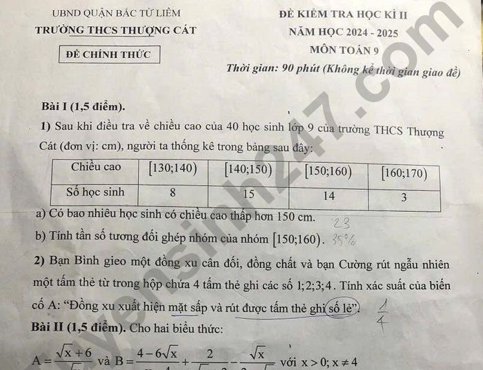 Đề thi học kì 2 môn Toán 9 - THCS Thượng Cát 2025