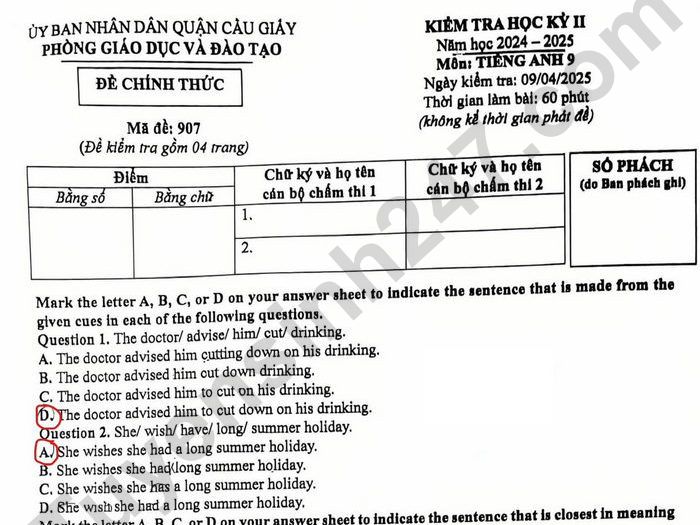 Đề thi học kì 2 lớp 9 môn Anh 2025 - Quận Cầu Giấy
