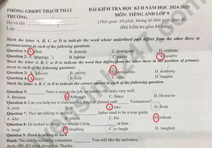 Đề thi học kì 2 lớp 9 Phòng GD Thạch Thất môn Anh 2025