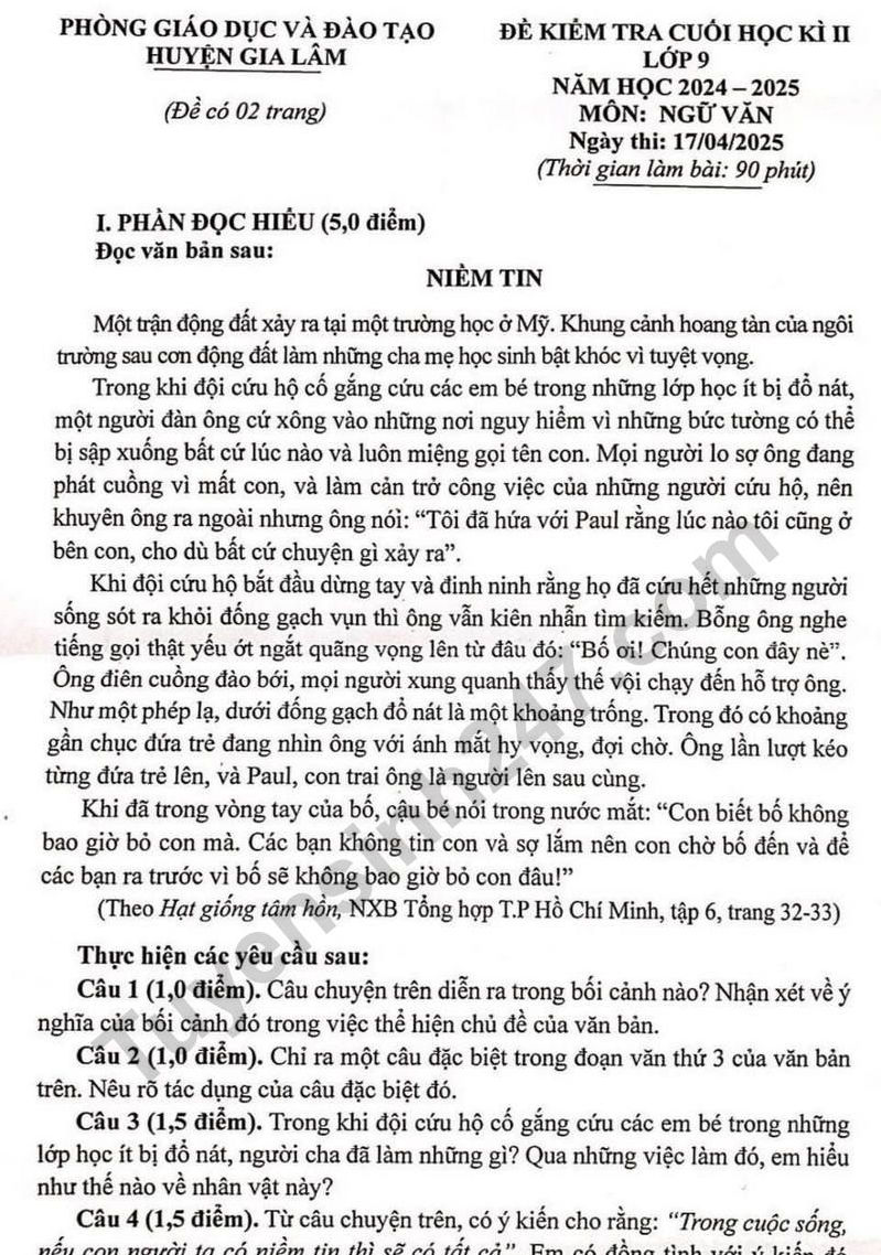 Đề thi kì 2 lớp 9 môn Văn - Gia Lâm 2025 (Có đáp án)