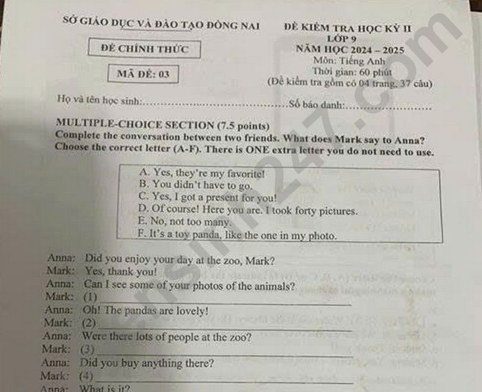 Đề thi học kì 2 năm 2025 môn Anh 9 - Sở GD Đồng Nai (có đáp án)