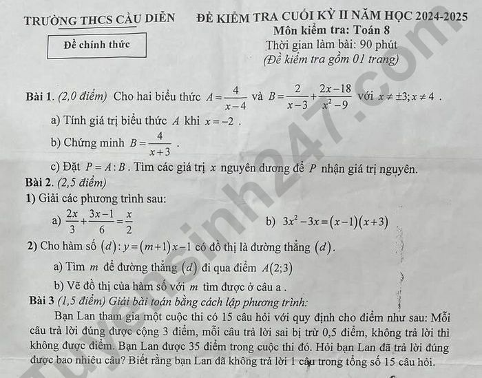 Đề thi học kì 2 lớp 8 môn Toán 2025 - THCS Cầu Diễn