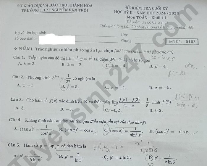 Đề thi học kì 2 môn Toán lớp 11 THPT Nguyễn Văn Trỗi 2025