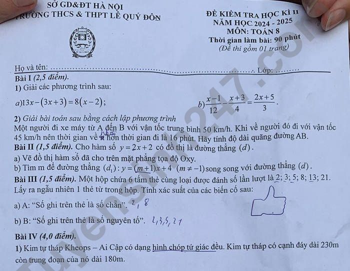 Đề thi học kì 2 năm 2025 THCS&THPT Lê Quý Đôn - môn Toán 8