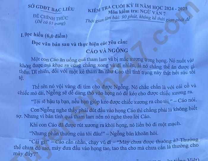 Đề thi học kì 2 lớp 7 môn Văn - Sở GDĐT Bạc Liêu 2025
