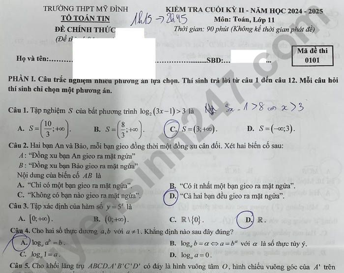 Đề thi học kì 2 lớp 11 môn Toán 2025 - THPT Mỹ Đình