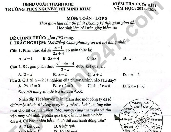 Đề thi cuối kì 2 môn Toán 8 THCS Nguyễn Thị Minh Khai 2025