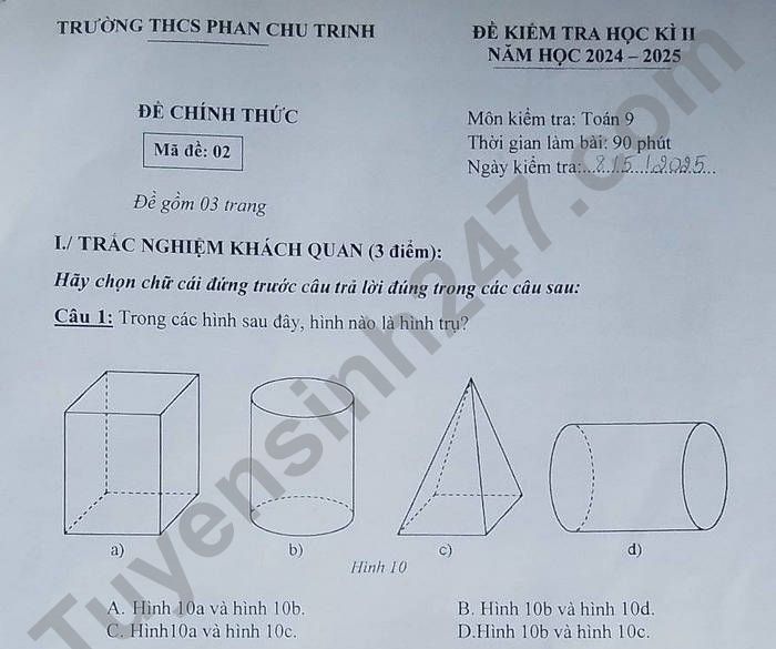 Đề thi học kì 2 môn Toán 9 THCS Phan Chu Trinh 2025