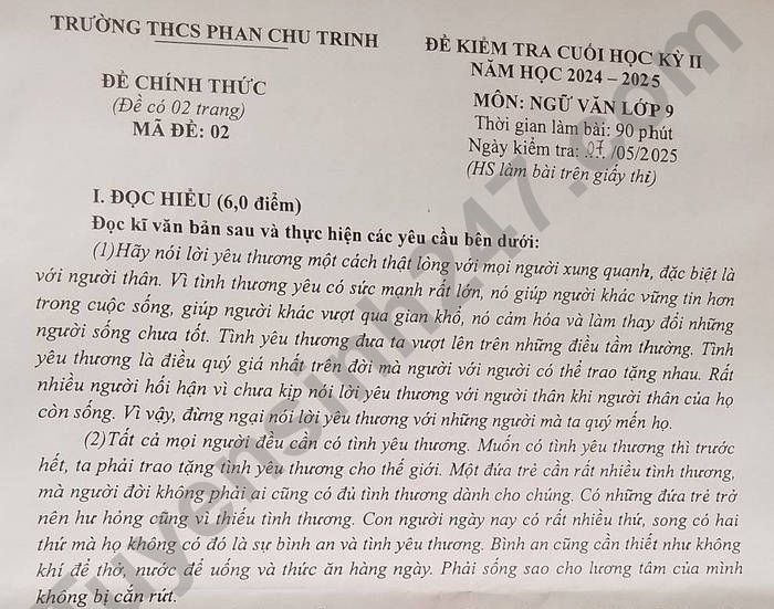 Đề thi kì 2 năm 2025 THCS Phan Chu Trinh - môn Văn 9