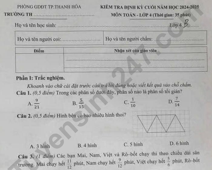 Đề thi học kì 2 môn Toán lớp 4 TP Thanh Hóa 2025