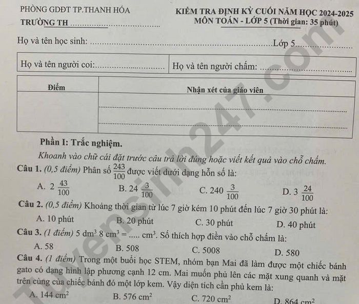 Đề thi học kì 2 lớp 5 môn Toán 2025 - TP Thanh Hóa