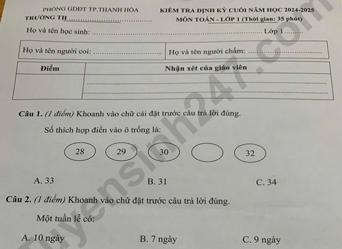 Đề kiểm tra học kì 2 lớp 1 môn Toán 2025 - TP Thanh Hóa