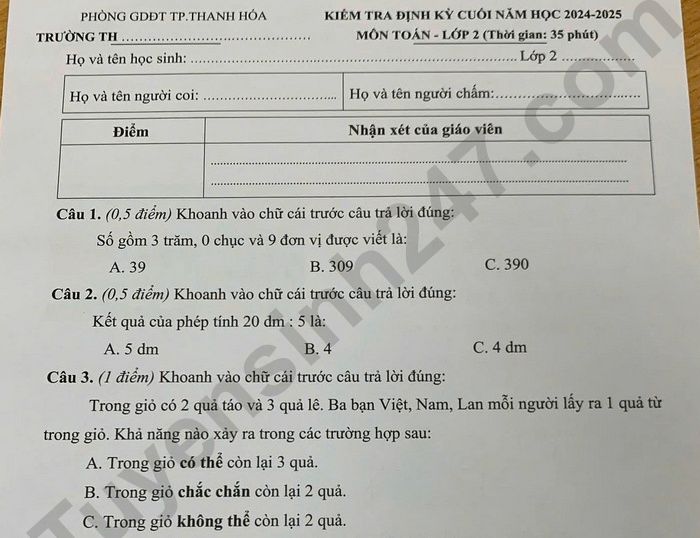 Đề thi học kì 2 năm 2025 môn Toán lớp 2 - TP Thanh Hóa