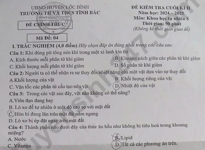 Đề thi học kì 2 năm 2025 TH&THCS Tĩnh Bắc - lớp 8 môn Khoa học tự nhiên