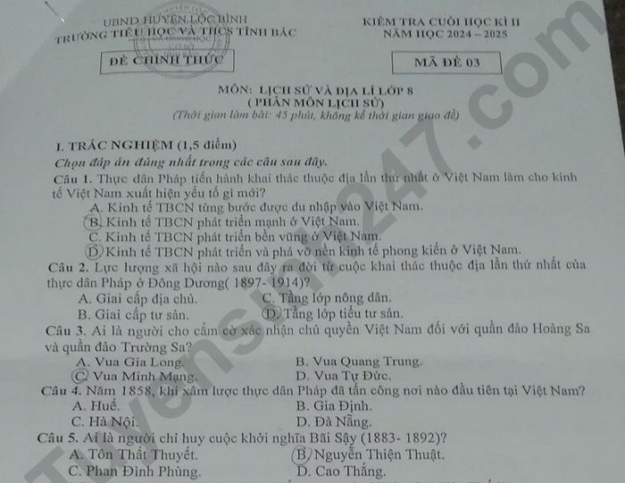 Đề thi cuối kì 2 môn Sử-Địa lớp 8 - TH&THCS Tĩnh Bắc 2025