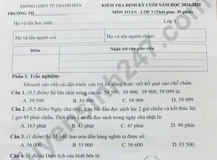 Đề kiểm tra học kì 2 lớp 3 môn Toán - TP Thanh Hóa 2025