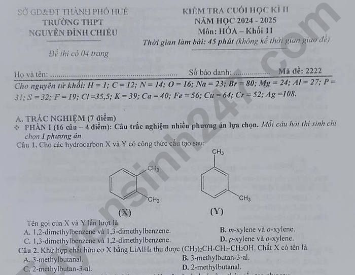Đề thi học kì 2 môn Hóa lớp 11 THPT Nguyễn Đình Chiểu 2025