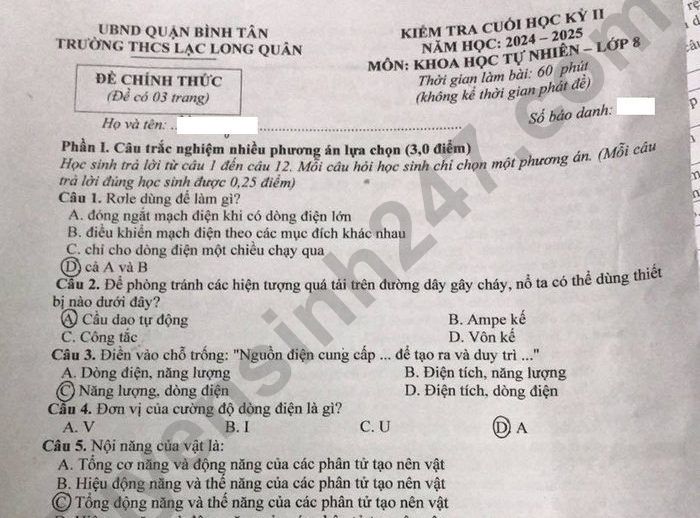 Đề thi học kì 2 lớp 8 môn Khoa học tự nhiên 2025 - THCS Lạc Long Quân