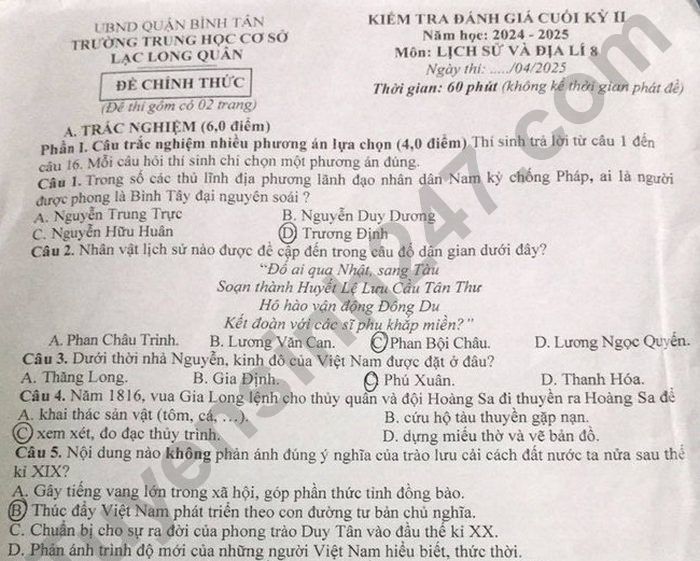 Đề thi cuối kì 2 môn Sử-Địa lớp 8 THCS Lạc Long Quân 2025