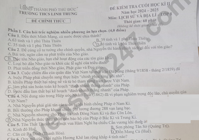 Đề thi học kì 2 lớp 8 môn Sử-Địa 2025 - THCS Linh Trung