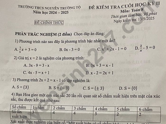 Đề thi học kì 2 năm 2025 THCS Nguyễn Trường Tộ - môn Toán 8
