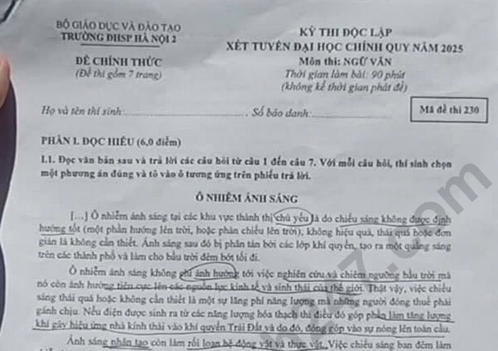 Đề thi Đánh giá năng lực môn Toán 2025 - Trường ĐH Sư phạm Hà Nội 2