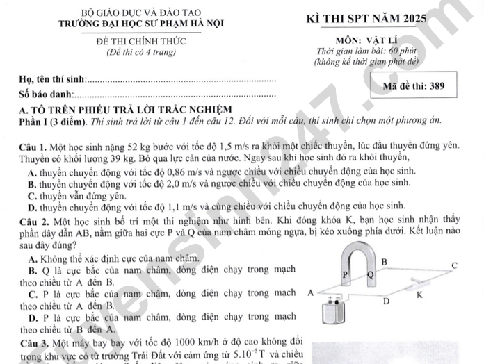 Đáp án đề thi đánh giá năng lực môn Lý - ĐH Sư phạm Hà Nội 2025