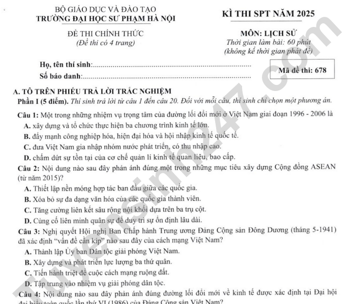 Đề thi đánh giá năng lực ĐH Sư phạm Hà Nội 2025 môn Sử - Có đáp án