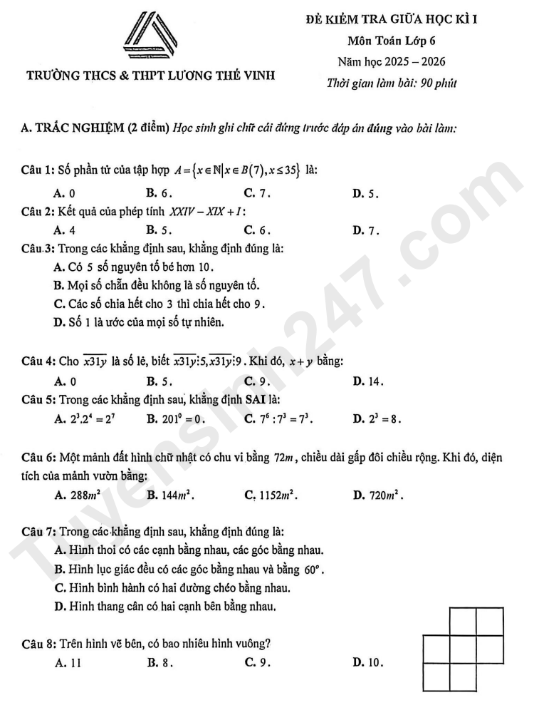 Đề giữa kì 1 môn Toán lớp 6 năm 2025 - THCS THPT Lương Thế Vinh