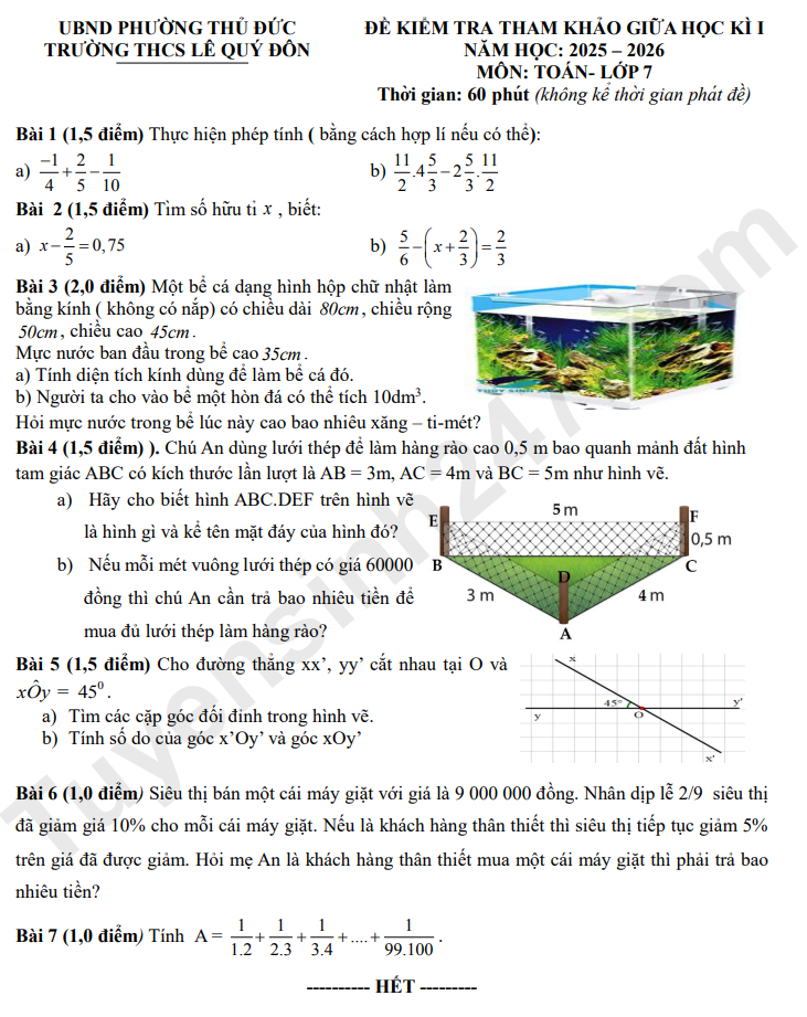 Đề thi giữa kì 1 môn Toán lớp 7 năm 2025 - THCS Lê Quý Đôn (Tham khảo)