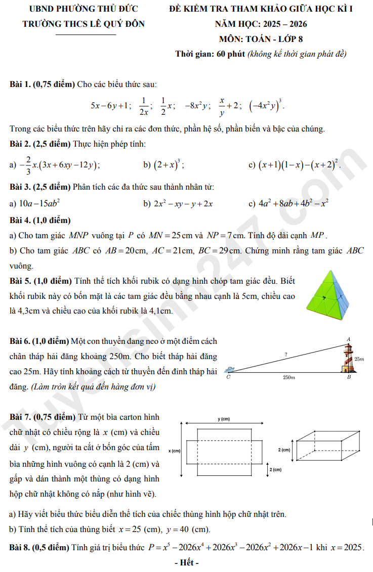 Đề thi giữa kì 1 lớp 8 môn Toán 2025 - THCS Lê Quý Đôn (Tham khảo)