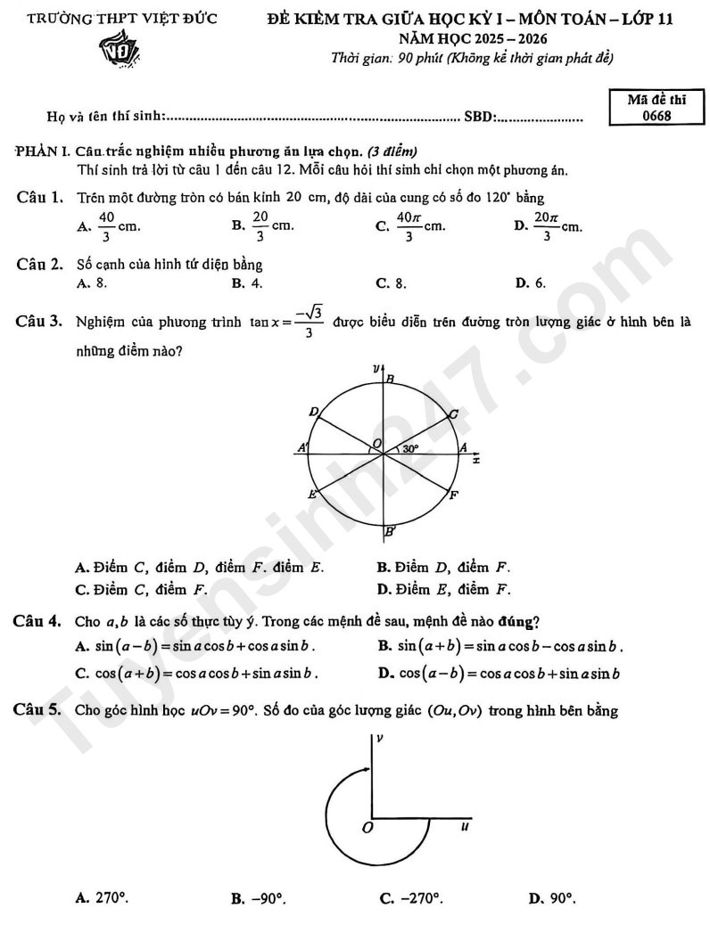 Đề thi giữa kì 1 lớp 11 môn Toán 2025 - THPT Việt Đức