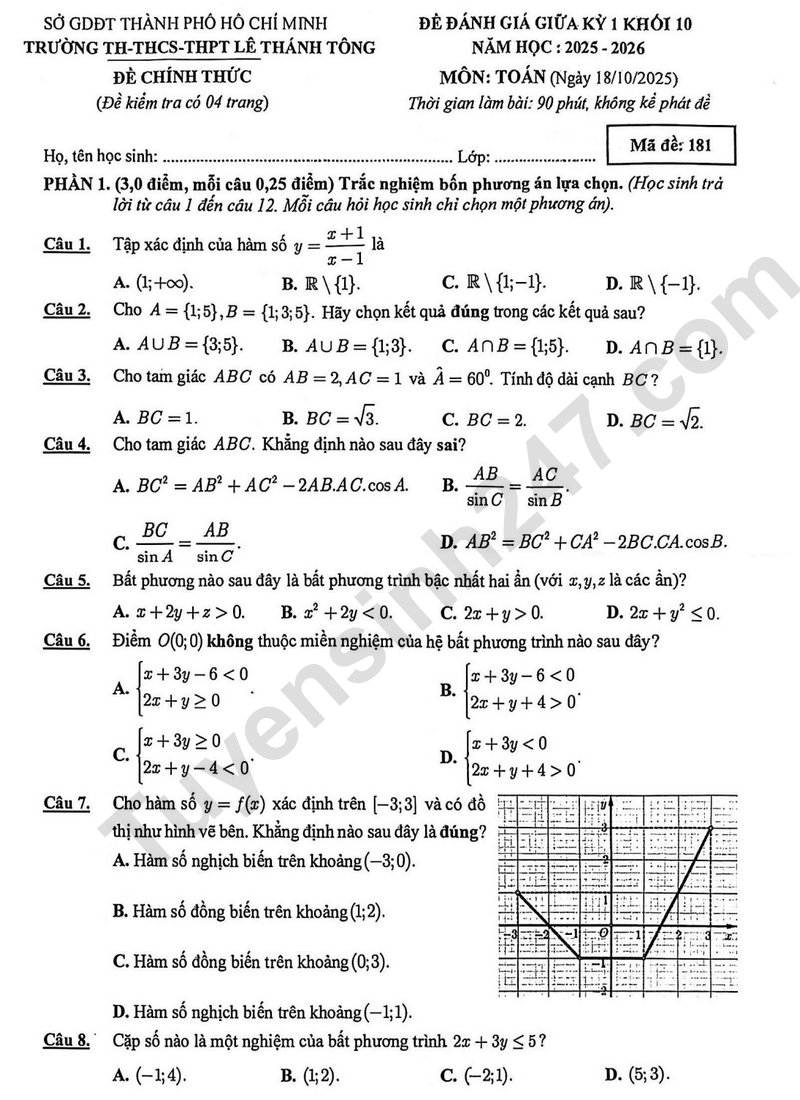 Đề thi giữa kì 1 lớp 10 môn Toán 2025 - Trường TH - THCS - THPT Lê Thánh Tông