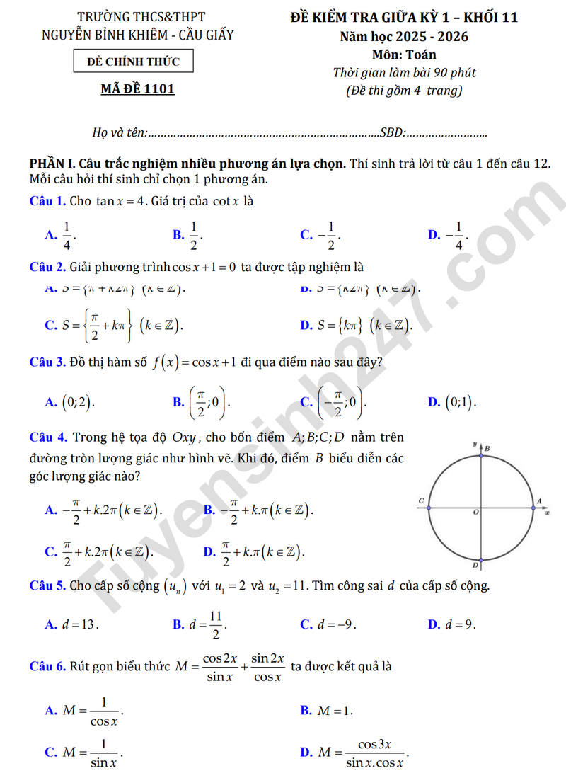 Đề thi giữa học kì 1 lớp 11 môn Toán 2025 - THCS&THPT Nguyễn Bình Khiêm