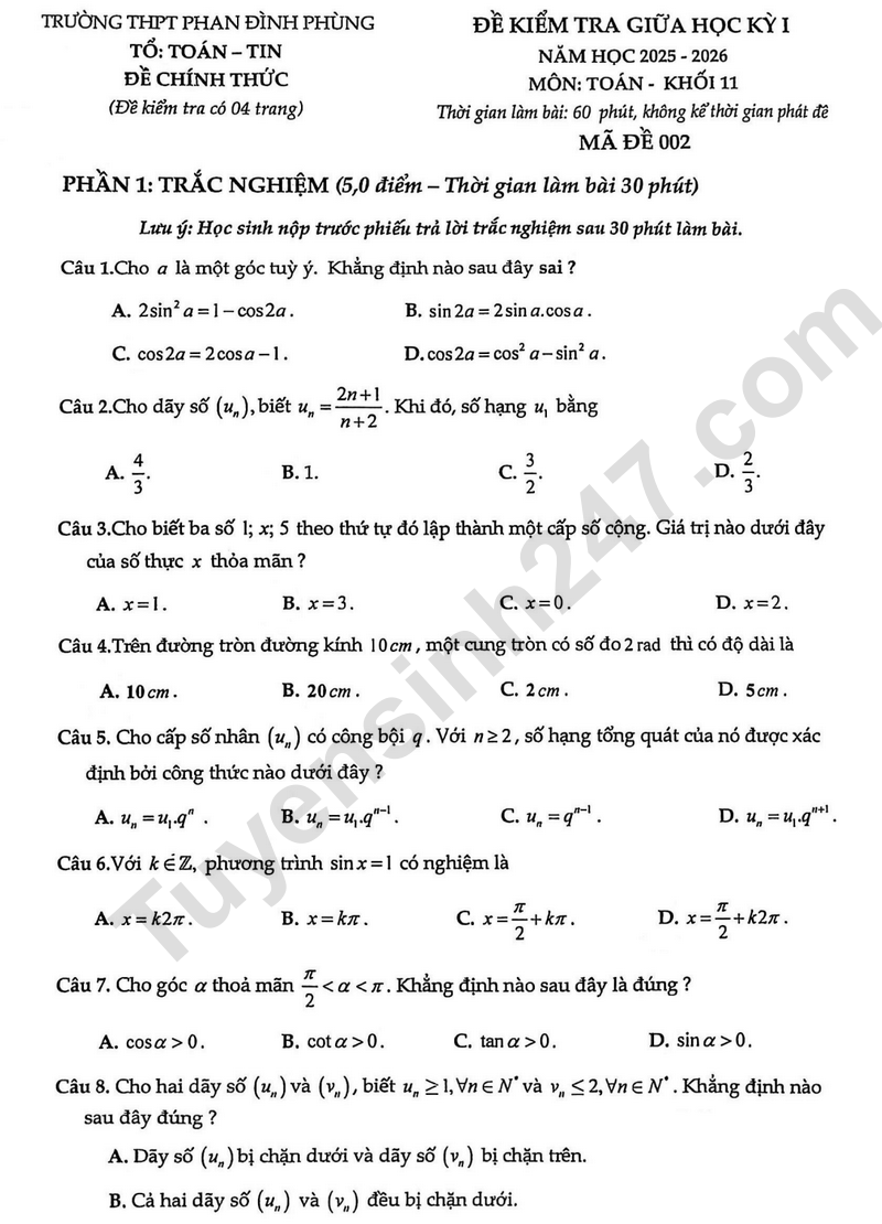 Đề thi giữa kì 1 lớp 11 môn Toán 2025 - THPT Phan Đình Phùng