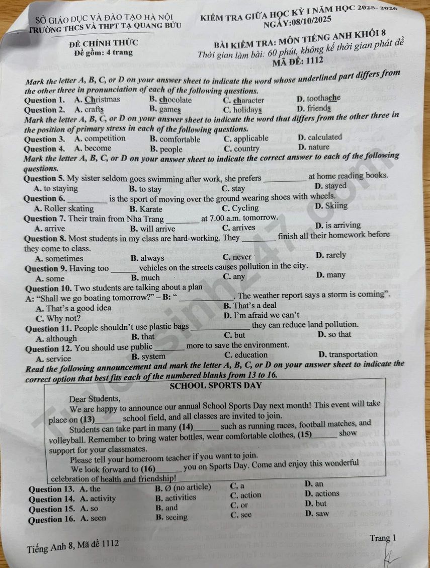 Đề thi giữa kì 1 môn Anh lớp 8 năm 2025 - THCS THPT Tạ Quang Bửu