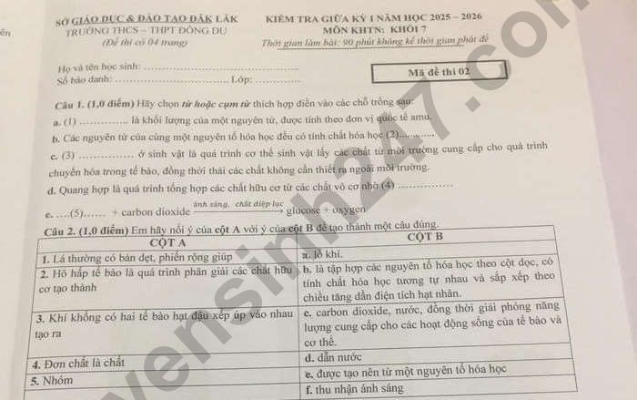 Đề thi giữa kì 1 năm 2025 THCS-THPT Đông Du - lớp 7 môn KHTN