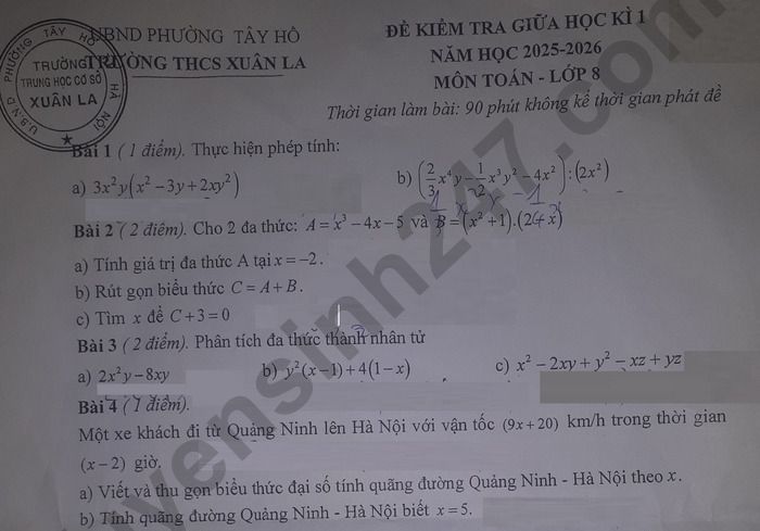 Đề thi giữa kì 1 lớp 8 môn Toán 2025 - THCS Xuân La