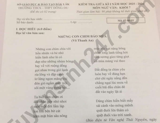 Đề thi giữa kì 1 môn Văn lớp 7 THCS-THPT Đông Du 2025