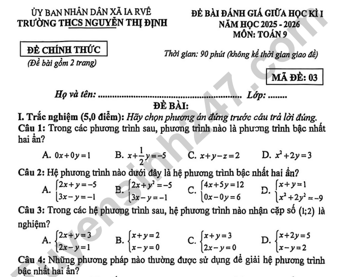 Đề thi giữa kì 1 lớp 9 môn Toán 2025 - THCS Nguyễn Thị Định