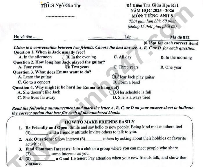 Đề thi giữa kì 1 năm 2025 THCS Ngô Gia Tự - lớp 8 môn Anh