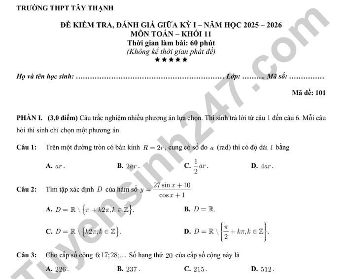 Đề thi giữa kì 1 Toán lớp 11 THPT Tây Thạnh 2025