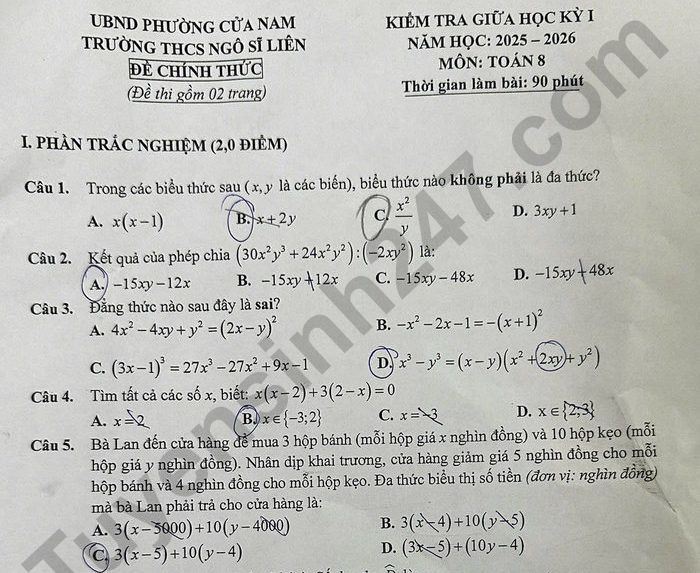 Đề thi giữa kì 1 lớp 8 môn Toán 2025 - THCS Ngô Sĩ Liên