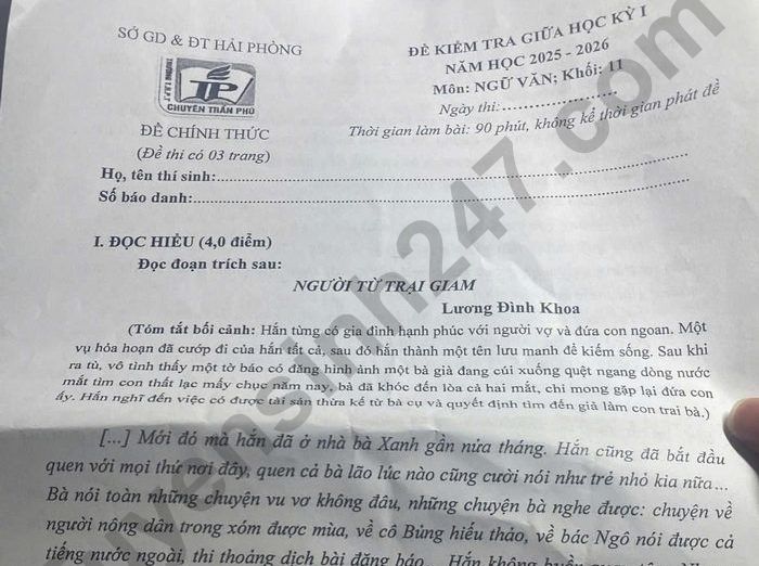 Đề thi giữa kì 1 môn Văn lớp 11 THPT Chuyên Trần Phú 2025