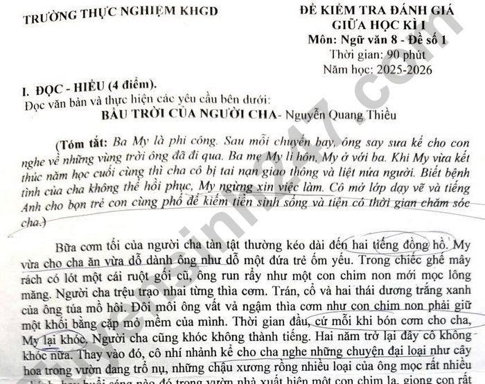 Đề thi giữa kì 1 lớp 8 môn Văn - Thực nghiệm KHGD 2025