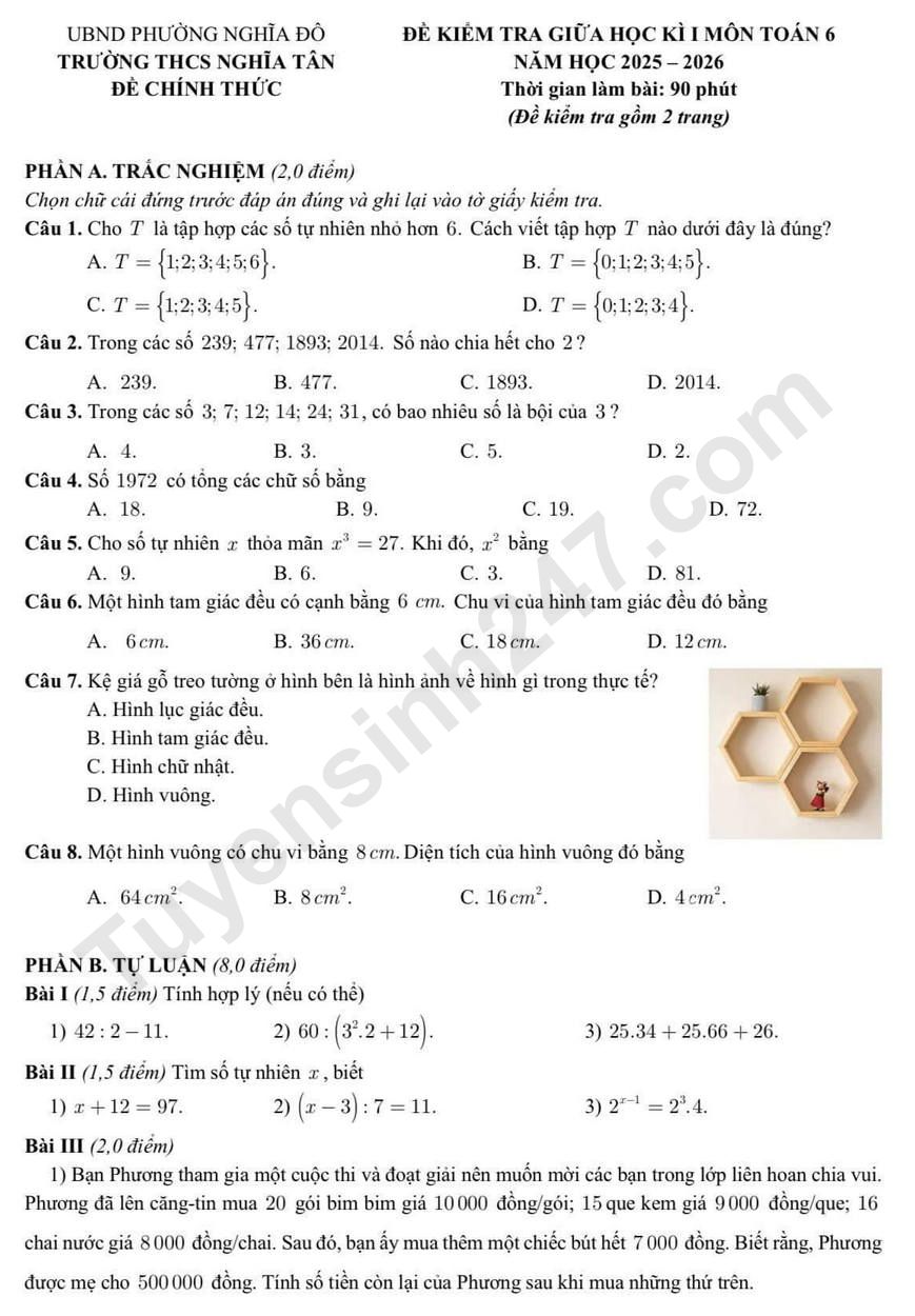 Đề thi giữa kì 1 môn Toán lớp 6 năm 2025 - THCS Nghĩa Tân (Có đáp án)